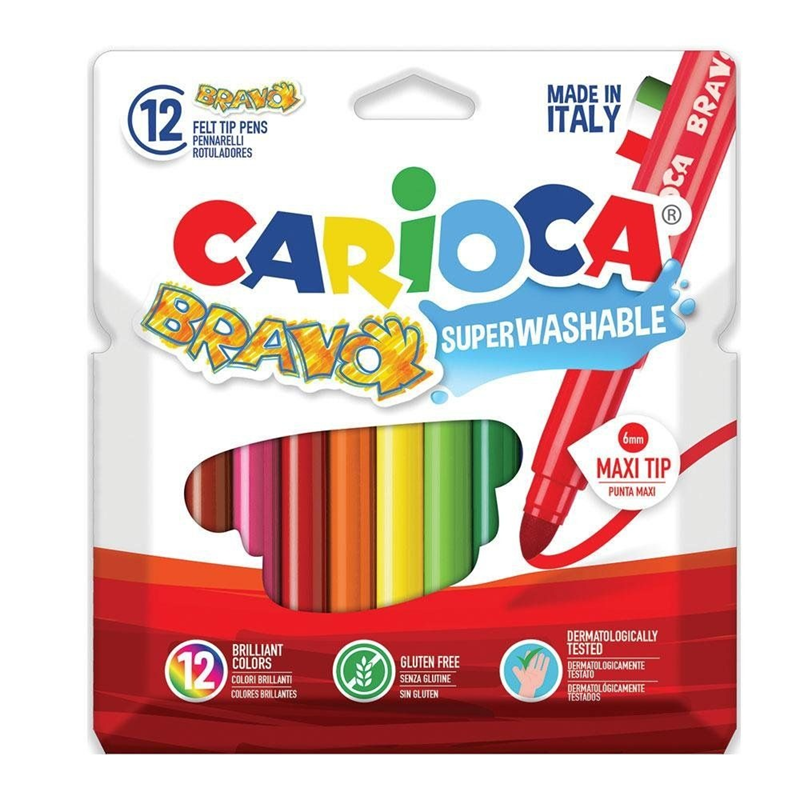 CARIOCA BRAVO 12 RENK SÜPER JUMBO YIKANABİLİR KEÇELİ KALEM 42755