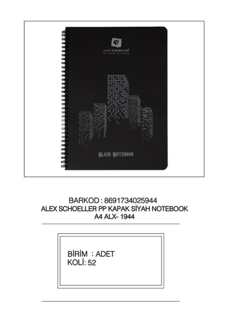 ALEX A4 60 YP SPR PP KAPAK SİYAH DEFTER ALX-1944