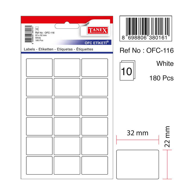 TANEX OFC-116 22x32 mm BEYAZ OFİS ETİKETİ