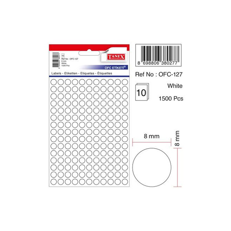 TANEX OFC-127 8 mm BEYAZ OFİS ETİKETİ YUVARLAK