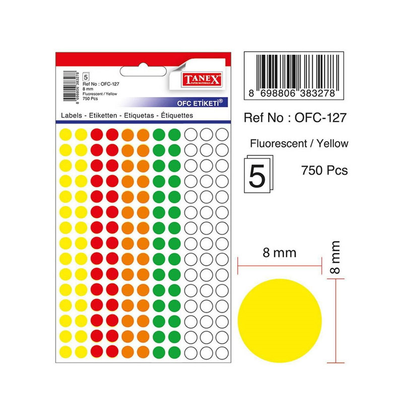 TANEX OFC-127 MİX COLOR 8 mm OFİS ETİKETİ YUVARLAK