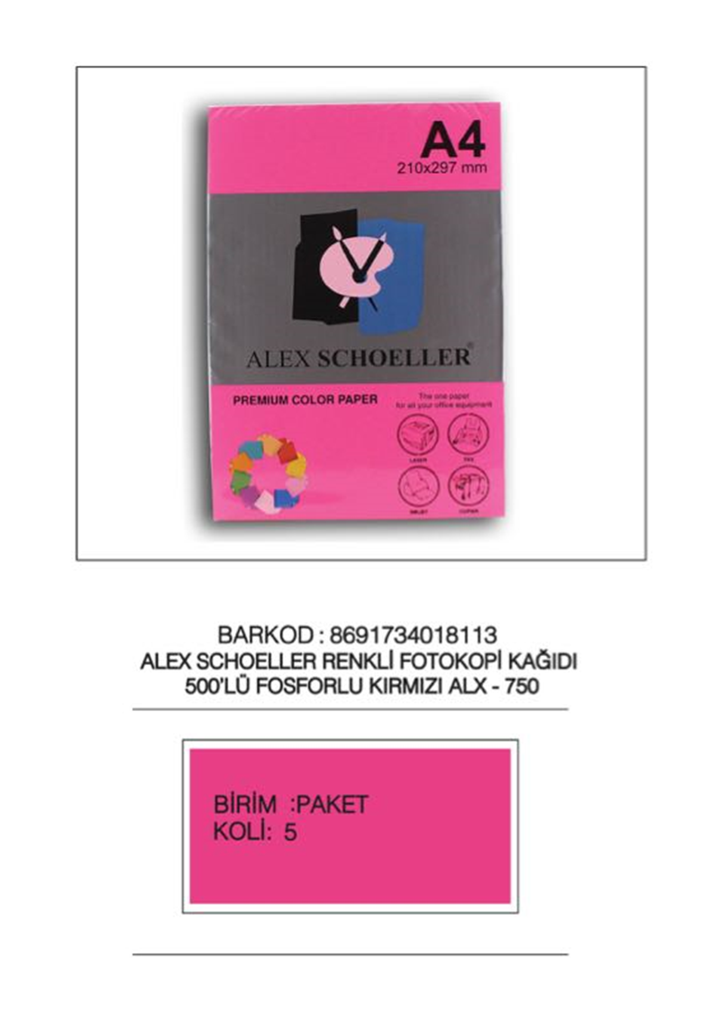 ALEX A4 FOSFORLU KIRMIZI FOTOKOPİ KAĞIDI 500 LÜ ALX-750