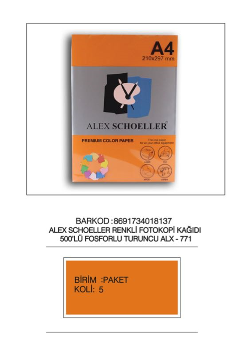 ALEX ALX-771 A4 FOSFORLU TURUNCU FOTOKOPİ KAĞIDI 500 LÜ