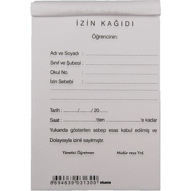 DİLMAN ÖĞRENCİ İZİN KAĞIDI 2 NÜSHA 50 YP. OTOKOPİLİ